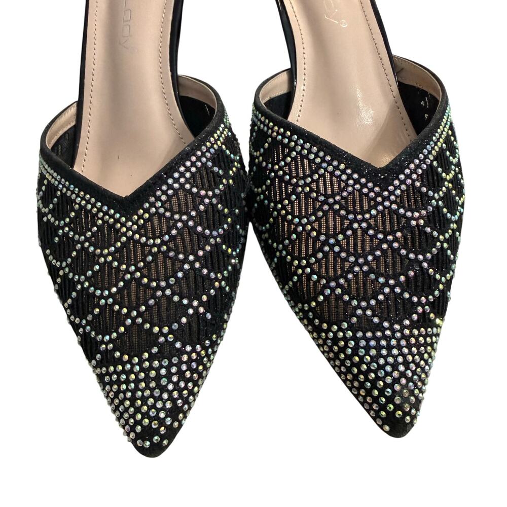 Unilady Rhinestone Mesh Pointed Toe Mule Heels Black 7.5